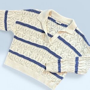Universal Thread cream Knit Polo sweater with Navy Stripe